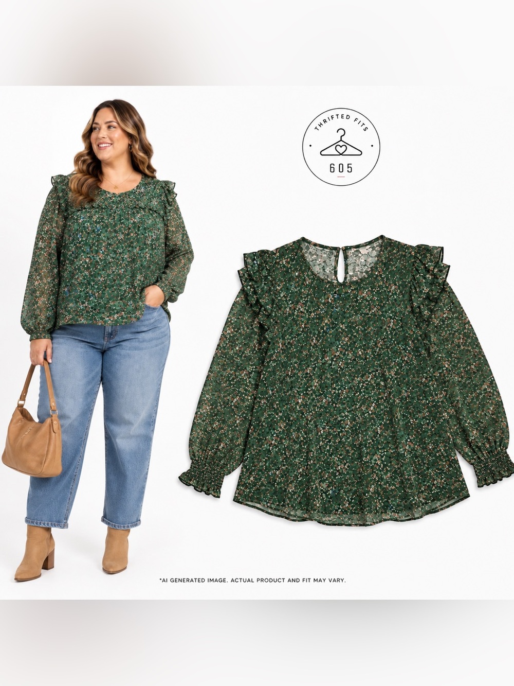 Cato Green Floral Ruffle Yoke Blouse